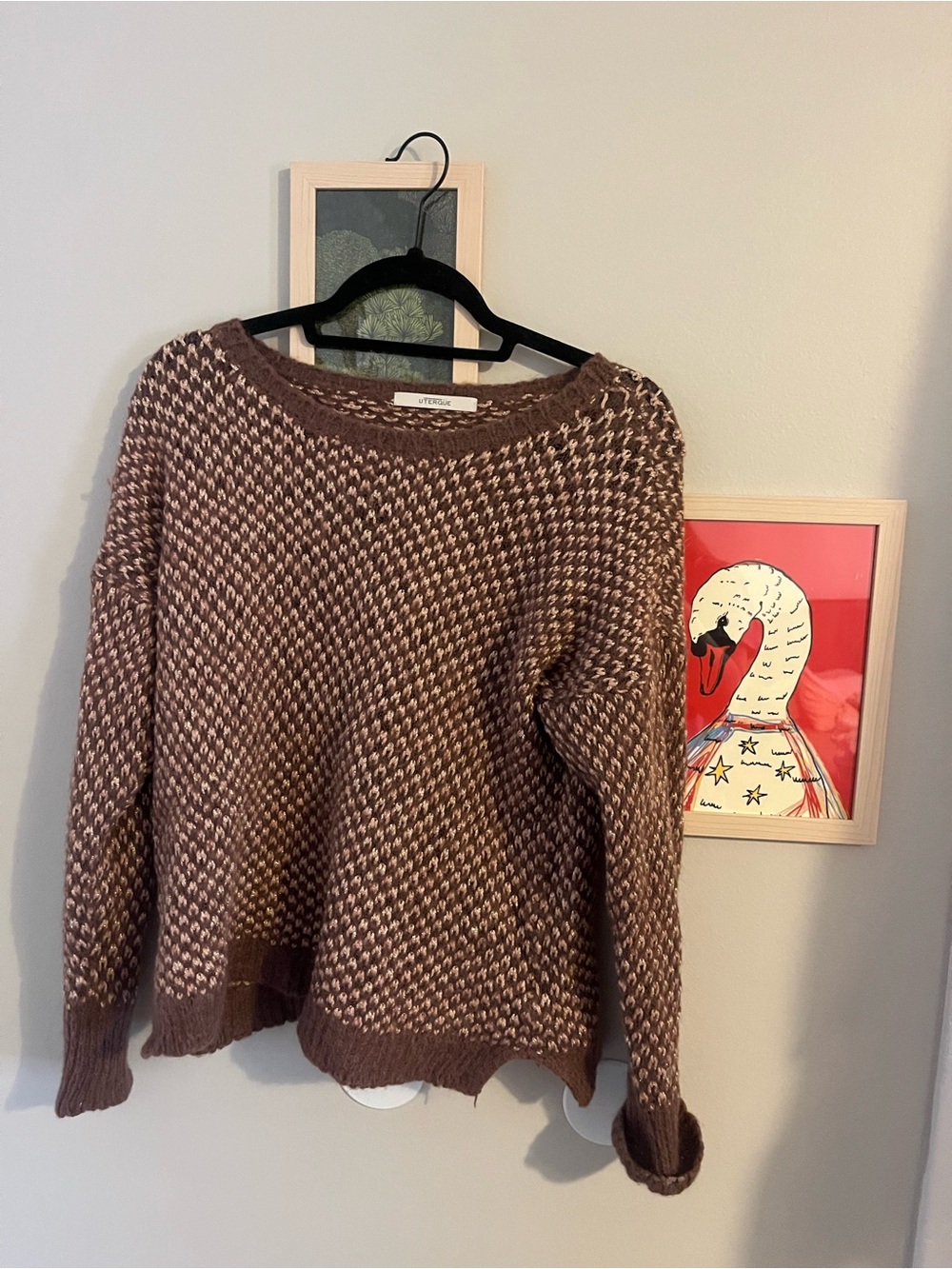 Uterqüe Brown and Cream Textured Crewneck Sweater